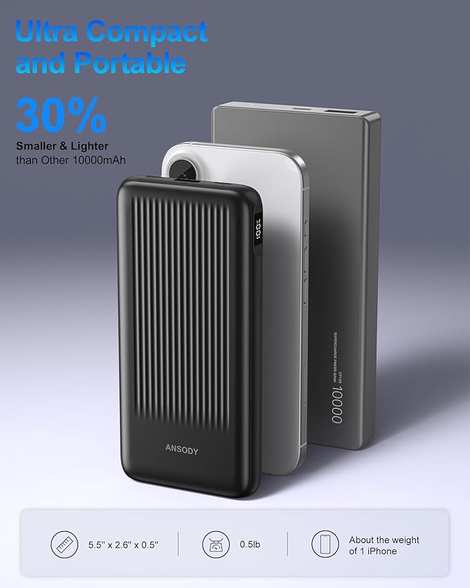 2-Pack Portable Charger, 10000mAh 22.5W Slim USB C Power Bank Fast Charging with 2 Outputs & 2 Inputs, Digital Display Battery Pack Compatible with iPhone Samsung iPad Tablets, Black & Black