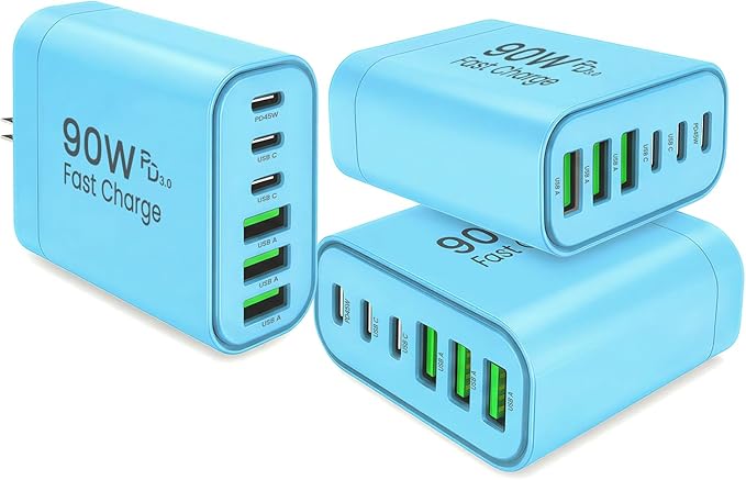90W GaN USB C Charger Block [3 Pack],6-Port USB C Wall Charger Fast Charging 45W PD Power Adapter for MacBook Air/iPad Pro/iPhone 17Pro Max/Samsung Galaxy S24 Ultra/Tabs for Home Travel