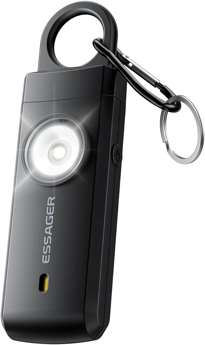 ESSAGER Personal Safety Alarm for Women, 130 dB Self Defense Siren, Rechargeable & Portable with Keychain and Carabiner, Low Battery Notice, LED Strobe Light for Kids, Seniors, College Students(Black)