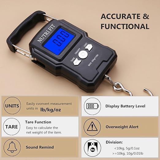 NUTRI FIT Luggage Scale Digital Suitcase Weighing Scale Portable for Travel, Handheld Fish Weight Scale with Hook for Fishing, 110lb/50kg as Traveler Gifts