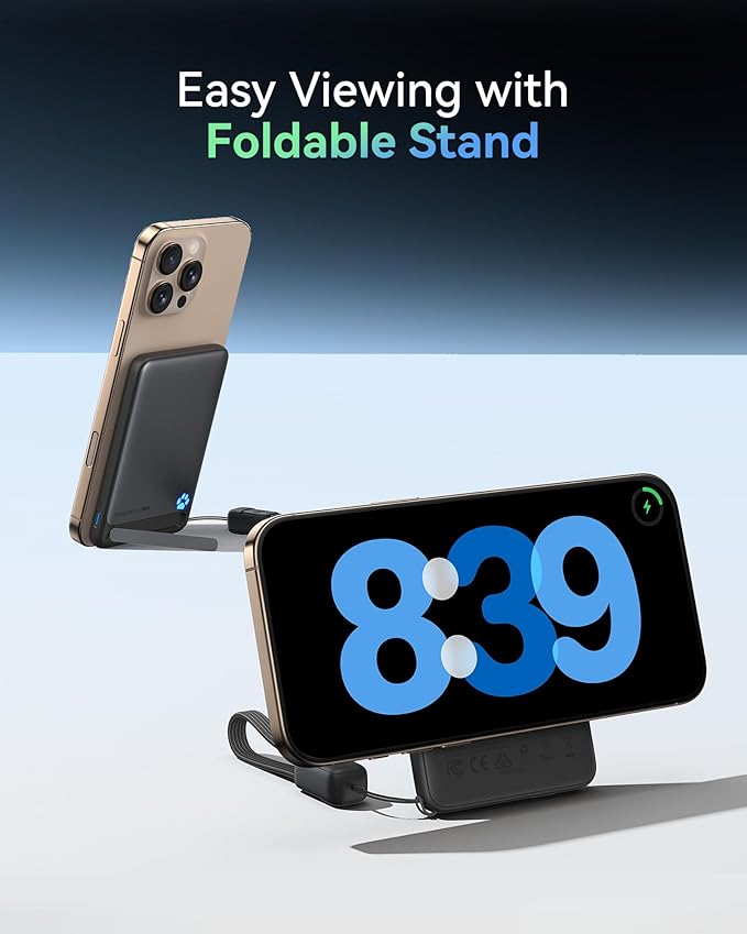 INIU Magnetic Portable Charger, Ultra Slim Qi2 Certified 5000mAh 20W Magnetic Power Bank, USB C in&Out Wireless Battery Pack with Foldable Stand, Phone Charger, Only for iPhone 16/15/14/13/12 Series