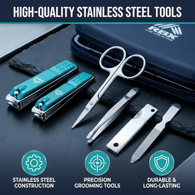 RBX Nail Clipper Set for Men, 7 Pcs Deluxe Grooming Kit for Men - Includes Toe & Finger Nail Clippers, Nail File, Slanted Tweezer, Manicure Scissors, Comes in Silicone Travel Case