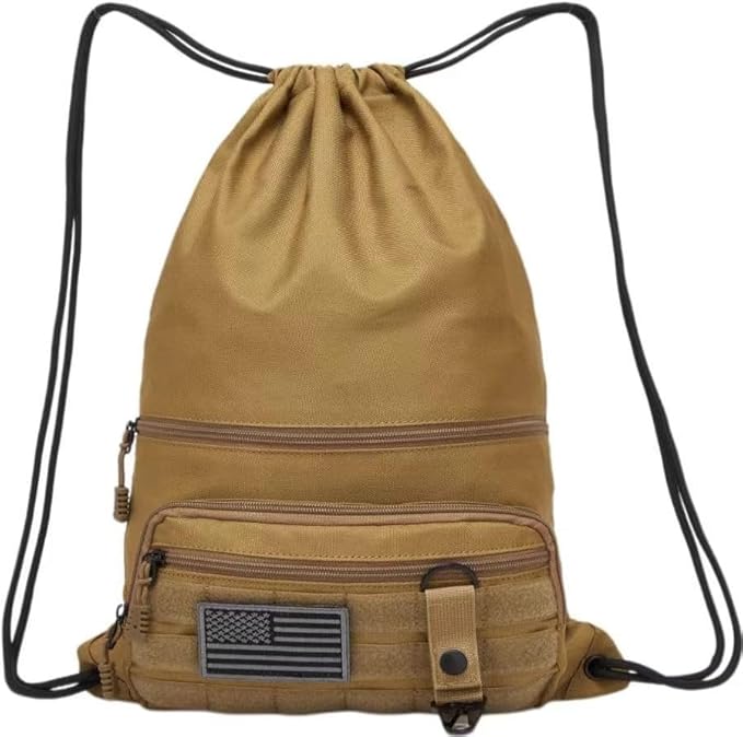 seyfocnia Drawstring Backpack Tactical String Bag with Zipper Pockets Waterproof Cinch Bag Sport Gym Sackpack - Khaki