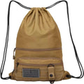 seyfocnia Drawstring Backpack Tactical String Bag with Zipper Pockets Waterproof Cinch Bag Sport Gym Sackpack - Khaki