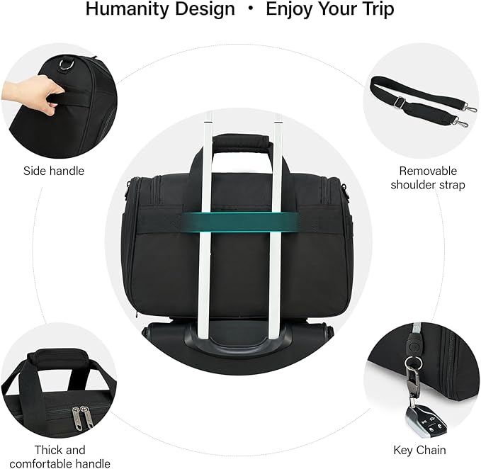 Hanke Small Travel Duffel Bag, Under Seat Carry On Personal Item Bag with 11 Pockets, Lightweight Water Resistant Foldable Weekender Bag with Trolley Sleeve for Travel Gym Daily Use（Black）