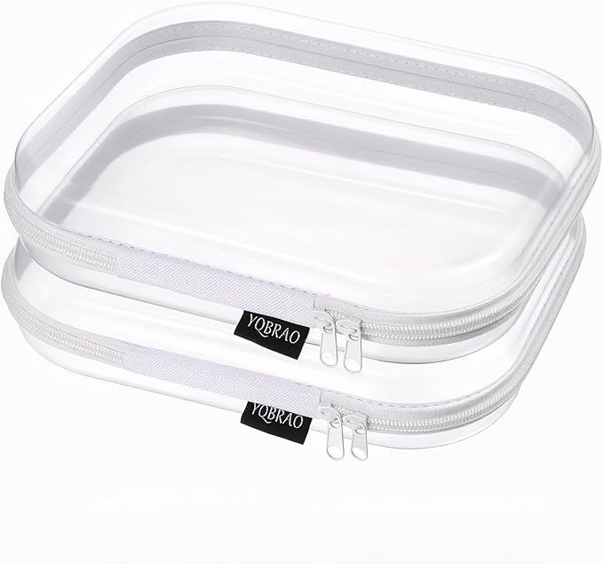 YQBRAO 2-Pack Medium Clear Hard Shell Zipper Case White, 1.2mm Heavy-Duty Crush-Proof Makeup Bag, Versatile Diaper Bag Organizer Pouches, Rigid Clear Zipper Pouches for Toiletries, Tech & Daily Carry