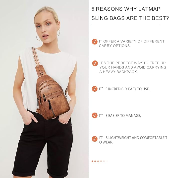 LATMAP 7L Sling Bag For Women Men Backpack Fanny Pack Crossbody Chest Travel Shoulder Belt Bags Purse Handbag PU Leather