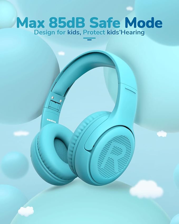awatrue Kids Headphones for School Travel, 85/94dB Safe Volume Limit, 3.5mm Jack, HD Mic, Portable Wired Headphone with Shareport, Stereo Sound On-Ear Headphones for Toddler Kids Girls Boys Blue