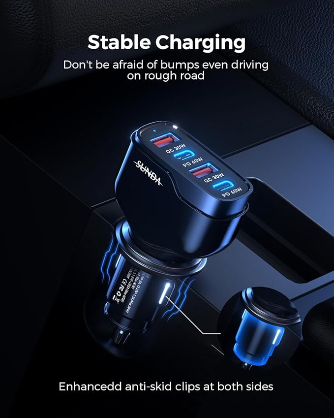 SUNDA 120W USB C Fast Car Charger, 4-Ports Cigarette Lighter Adapter, USB C Car Phone Charger Adapter USBC Type C 12v, Fit for iPhone 17/16/15 Pro/14Max/Galaxy/SamsungS25 Google iPad Android