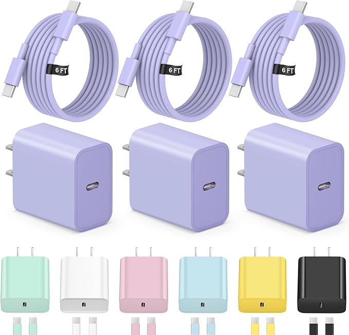iPhone 17 16 15 Charger Fast Charging 3+3Pack Type C Charger USB C Chargers Block with 6FT Cable for iPhone Air/17/17 Plus/17 Pro/17 Pro Max/16/16 Plus/16 Pro/16 Pro Max/15/15 Pro Max/iPad Pro(Purple)