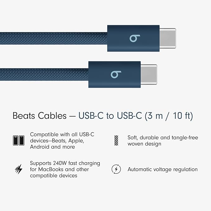 Beats 240W USB-C to USB-C Braided Cable, Fast Charging, Durable/Tangle Free, Compatible with Apple and Android Devices (3 m/10 ft) – Nitro Navy