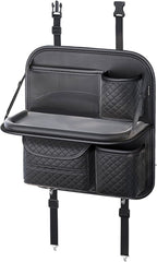 PU Leather Backseat Car Organizer with Foldable Tray & Tablet Holder, Luxury Diamond Stitching Design, Universal Car Seat Storage Organizer for Kids & Family Travel Accessories, Black