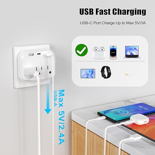 HITRENDS - Outlet Extender, with a Place to Put Your Phone and 2 USB-A and 1 USB Type-C Multi Plug Wall Outlet, Suitable for Bedrooms, Living Rooms, Offices, and Travel