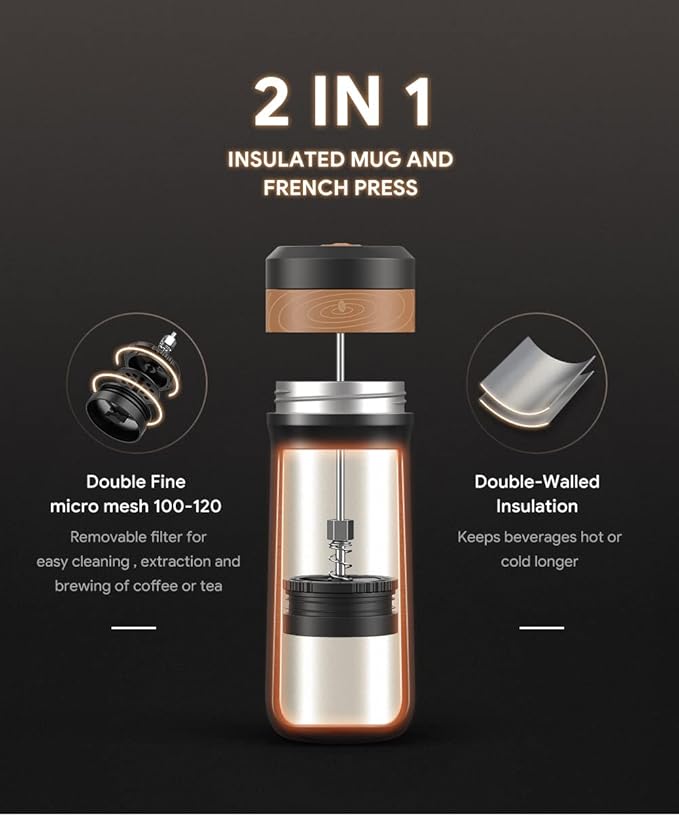 Portable French Press Coffee Maker Car-Go Vacuum Insulated Bottle, Travel French Coffee Maker With Unique Filter Stainless Steel Tea/Coffee Mug For Camping, 320ML