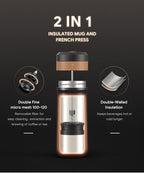 Portable French Press Coffee Maker Car-Go Vacuum Insulated Bottle, Travel French Coffee Maker With Unique Filter Stainless Steel Tea/Coffee Mug For Camping, 320ML