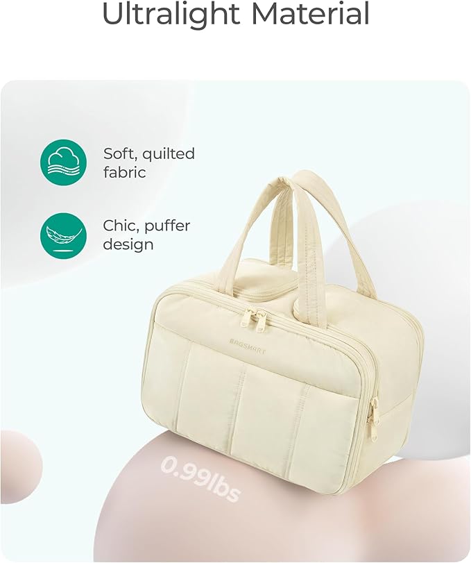 BAGSMART Travel Toiletry Bag, Puffy Large Toiletry Bag for Women, Lightweight Cosmetic Makeup Bag Organizer with Handle for Traveling, Accessories, Essentials, Toiletries （Beige