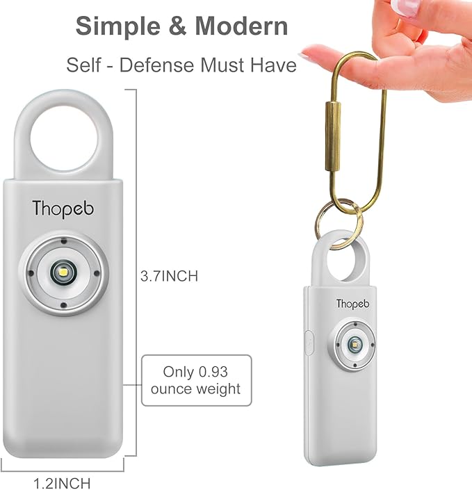 Thopeb– Personal Safety Alarm for Women–135dB Siren, Strobe Light and Rechargeable - Safety Alarm Keychain for Women (Metallic Silver)