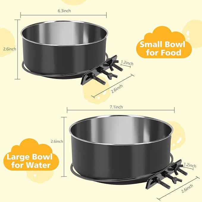 Dog Crate Water Bowl No Spill 2 Pack,Stainless Steel Dog Bowls for Food and Water, Pet Kennel Hanging Dogs Food Bowls for Medium/Large Dogs and Cats (7.1"x2.6" & 6.3"x2.6", Black)