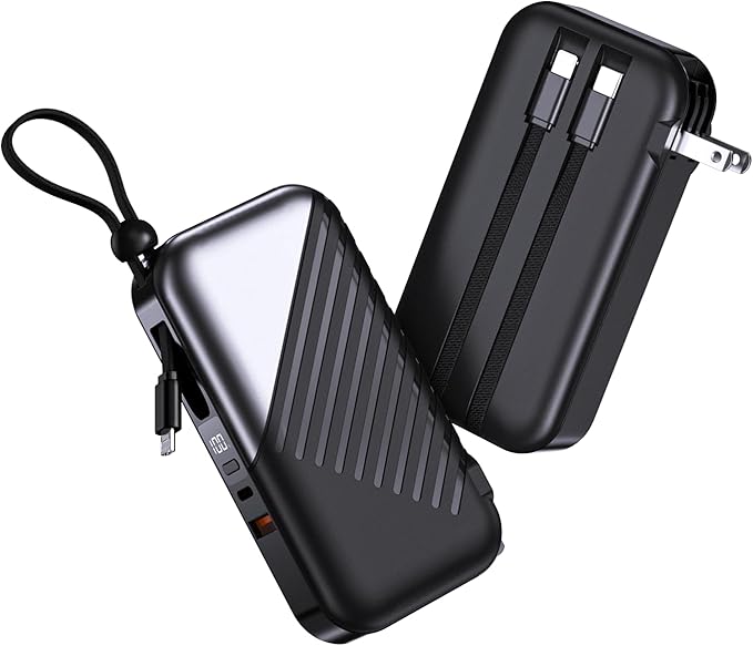 Portable Charger with Wall Plug 10000mAh Power Bank for iPhone 27W Portable Charger with Built in Cable Portable Phone Charger for iPhone 17/16/15, Samsung Android, Black