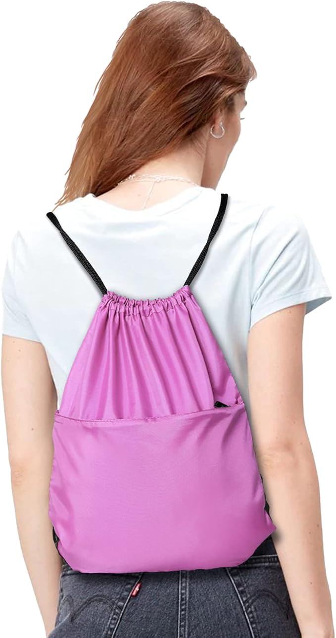 Drawstring Backpack Sports Water Resistant String Bag Sport Gym Sackpack for Women Men Large with Zipper, Pink