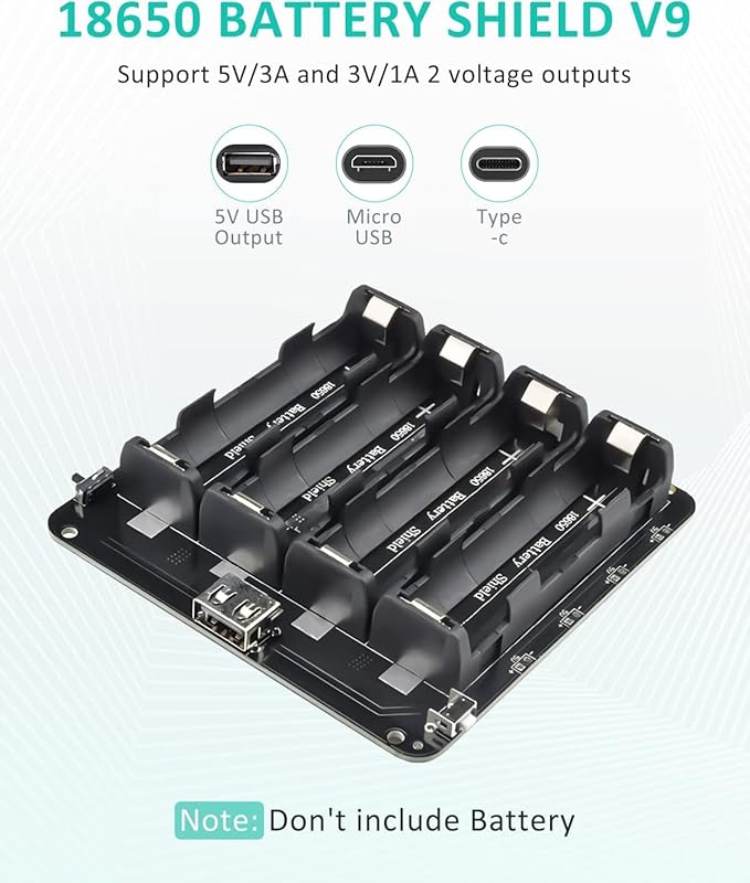 diymore 18650 Battery Holder Four Li-ion V9 Battery Shield Micro USB 5V/3A 3V/1A Power Bank Battery Charging Module (4 Holders)