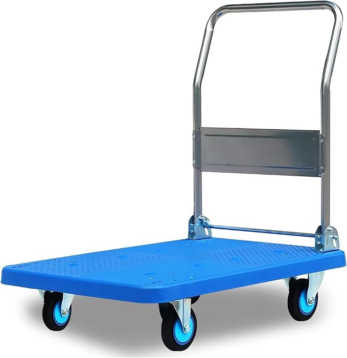 Heavy Duty Flatbed Hand Cart with Mute Wheels Foldable Metal Handle Ideal for Baggage Books Moving - Plastic Platform Trolley for Easy Transport (300-MuteTone)