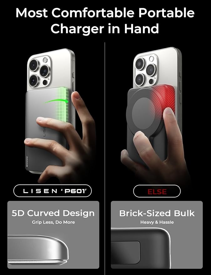 LISEN Ultra Slim MagSafe Power Bank,5000mAh Wireless Slim MagSafe Battery Pack,Magnetic Portable Charger,Magnetic Power Bank for iPhone 17 Pro Max Plus Air/16-12 Series,Gifts for Men Women