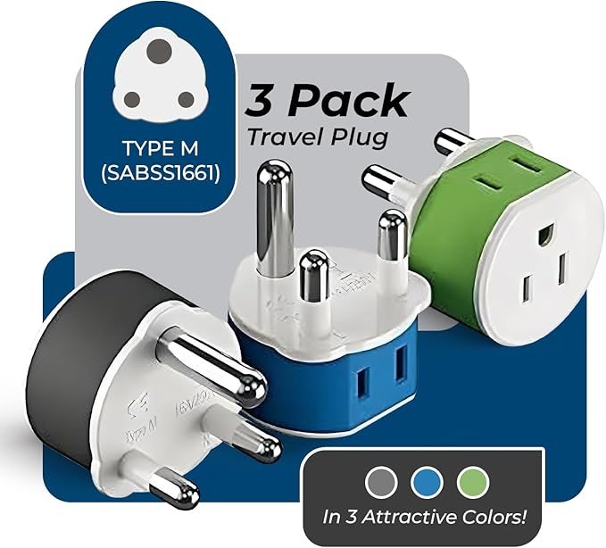 OREI South Africa, Botswana, Namibia Power Plug Adapter with 2 USA Inputs - Travel 3 Pack - Type M (US-10L), Safe Grounded Use with Cell Phones, Laptop, Camera Chargers, CPAP, and More