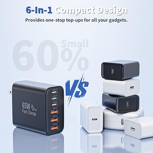 3 Pack 65W Apple USB C Charger Fast Charging,6-Port PD Power Adapter+ QC Wall Plug Multiport USB C Brick,Type C Box Brick Quick Charge for iPhone 17 17Air 16 15 14 13 12 11 Pro Max,iPad,AirPods,Black