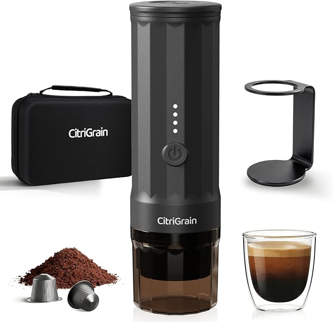 Portable Espresso Machine, Travel Coffee Maker with Carrying Bag and Stand, Fast Charging Espresso Maker with Self-Heating for Ground Coffee & NS Capsules, for Camping, RV, Hiking, Office