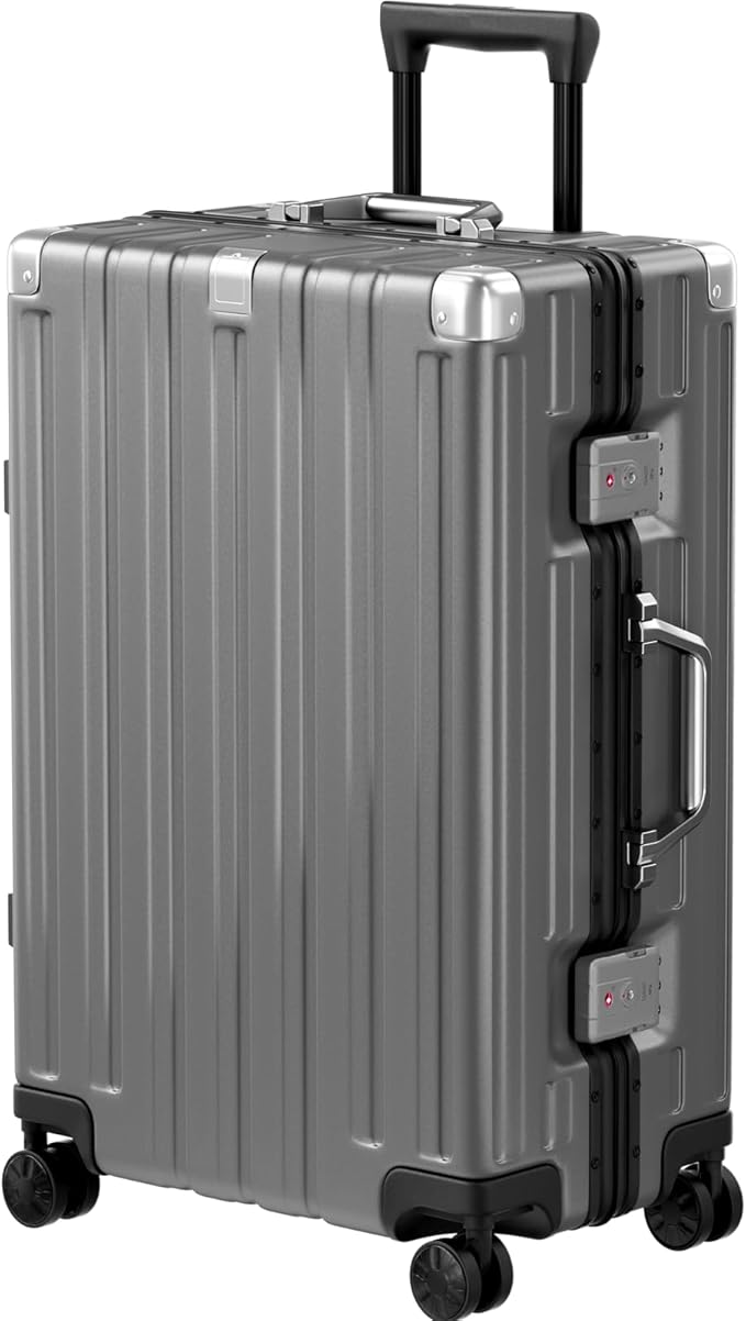 Krute Zipperless Luggage 24 Inch Aluminum Frame Suitcase with Spinner Wheels PC+ABS Hardide Checked Luggage TSA Approved No Zipper Travel Suitcase Gray