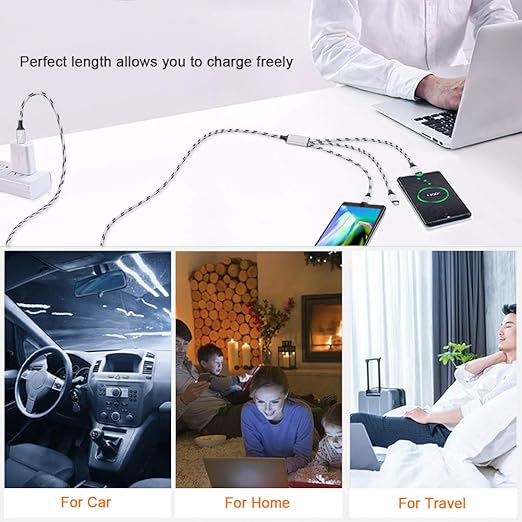 Multi Charging Cable, 5ft 3Pack Multi Charger Cable Nylon Braided Multiple USB Universal 3 in 1 Charging Cord Adapter with Type-C, Micro USB Port Connectors for Cell Phones and More