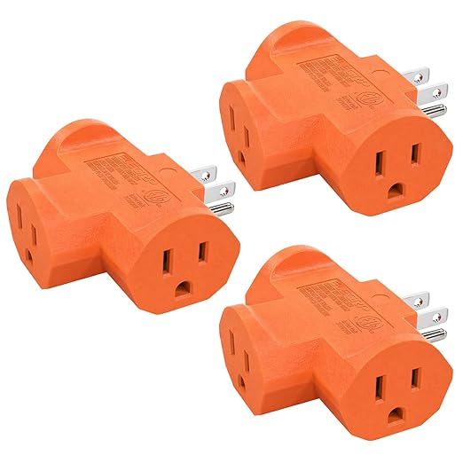 ELEGRP 3-Prong Heavy Duty Power Extender to Triple Outlet in T Direction, Multi-Directional Grounded Wall Tap Outlet Extender with 3 Prong Plug-in, 15-Amp, 125-Volt, ETL Listed, 3 Pack, Orange