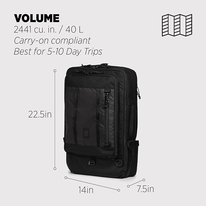 Topo Designs Global Travel Bag – 30L or 40L - Carry-On Compliant Most Airlines, Durable Travel Duffel Bag, Clam Shell Main Pocket, Laptop Sleeve, Backpack, Luggage (40L / Black/Black)