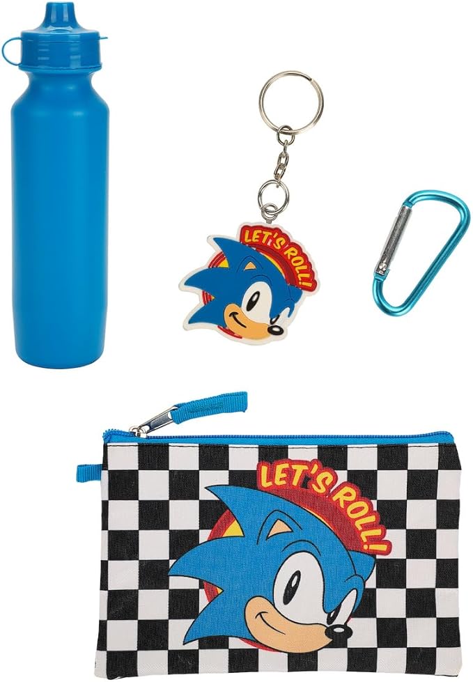 Sonic The Hedgehog Classic 5-Pc Duffle Bag Utility Case Water Bottle Key Chain and Carabiner