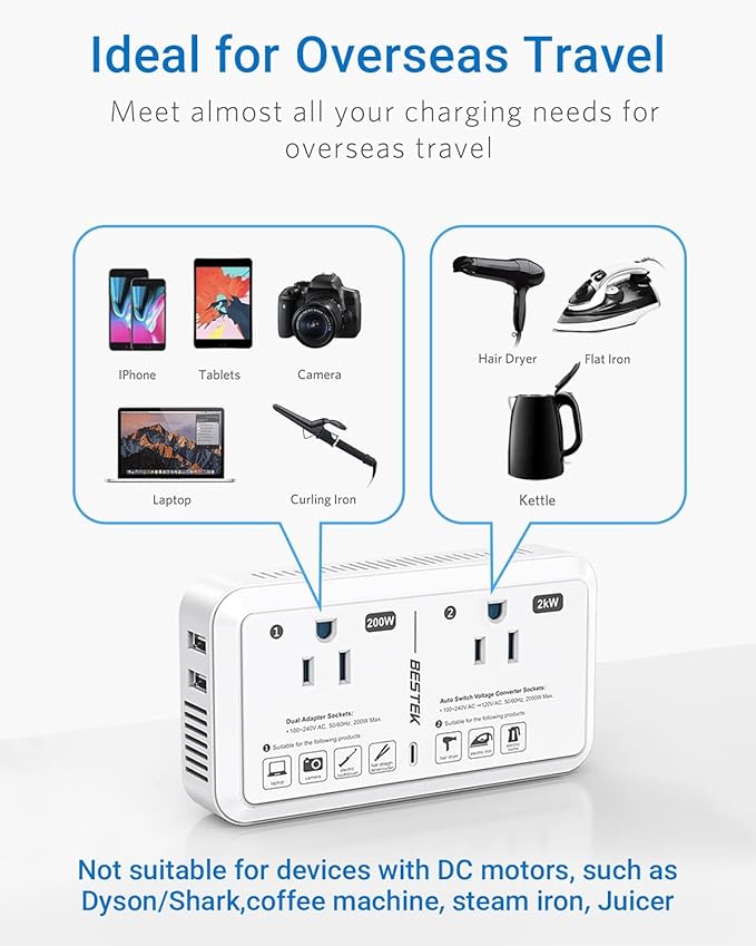 BESTEK Universal Travel Adapter Voltage Converter US to Europe 2000W 220V to 110V Converter with 2 USB Ports and EU/UK/AUS Plug Adapter for Hair Dryer/Curling Iron