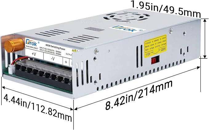 DROK 60V Power Supply, AC 110V 220V to DC 0-60V 8A 480W Buck Converter, Adjustable Variable LED Adapter Regulated 5V 12V 24V 30V 36V 48V 60Volt Transformer 3A 5A 8Amp Charger for Lab CCTV