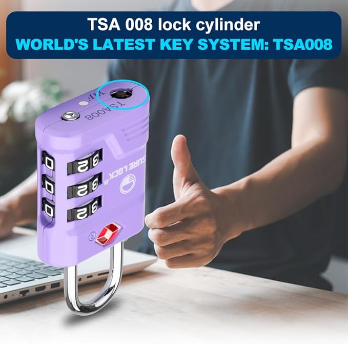 SURE LOCK TSA Approved Luggage Lock – 3-Digit Resettable Combination Padlock with Open Alert Red Dot, Large Easy-Read Dials for Suitcases, Backpacks, Gym & School Lockers(Purple 2 pk)