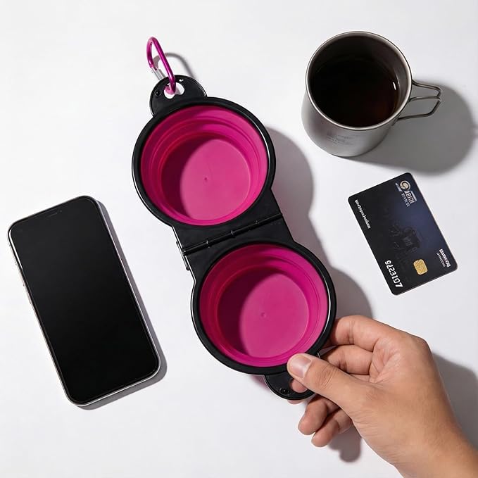 Collapsible Dog Bowls with Carabiner, Double Portable Travel Pet Bowls for Food and Water, Foldable Silicone Dog Bowl for Walking, Hiking, Camping, Small Medium Dogs and Cats，Pink
