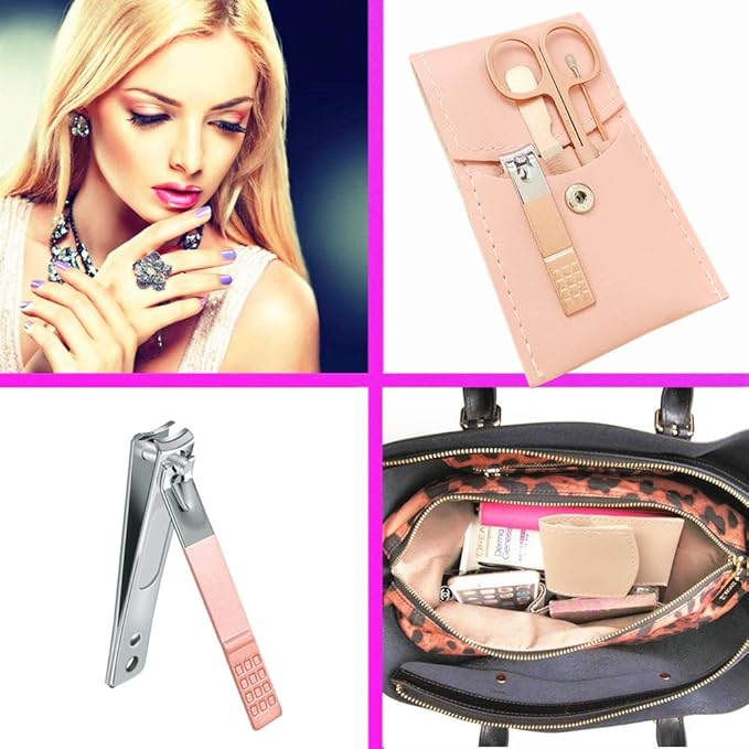 Manicure Set, Professional Women Nail Clippers Kit 4PCS， Stainless Steel Nail Cutter Care Tools Professional Grooming Kits, PU Leather Travel Case （rose gold）