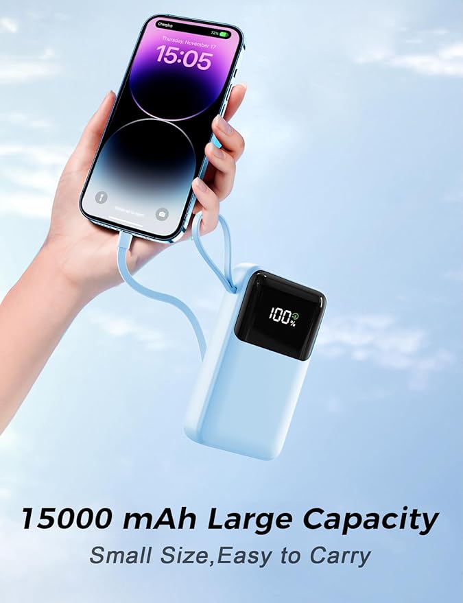 Power Bank, 15000mAh Portable Charger with Built in Cable, 22.5W Fast Charging, 6 Outputs, Slim Travel Essential Battery Pack with LED Display, Compatible with iPhone 17/16/15/14/13, iPad SkyBlue