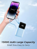 Power Bank, 15000mAh Portable Charger with Built in Cable, 22.5W Fast Charging, 6 Outputs, Slim Travel Essential Battery Pack with LED Display, Compatible with iPhone 17/16/15/14/13, iPad SkyBlue