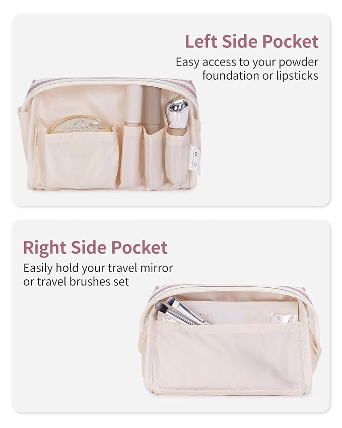 Narwey Small Striped Makeup Bag for Purse Mini Cosmetic Bag Travel Makeup Pouch Zipper Pouch Cute Make up Bags with Compartments for Women Girls (Dusty Rose Stripe, Small)