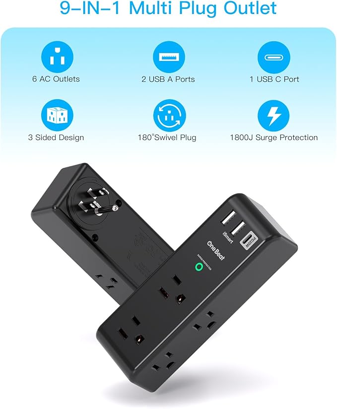PD20W Surge Protector Outlet Extender - Rotating Plug, One Beat 6 AC Multi Plug Outlet with 3 USB Ports (1 USB C), 1800J Wall Charger, 3-Sided Power Adapter with Spaced Outlet Splitter for Home Office