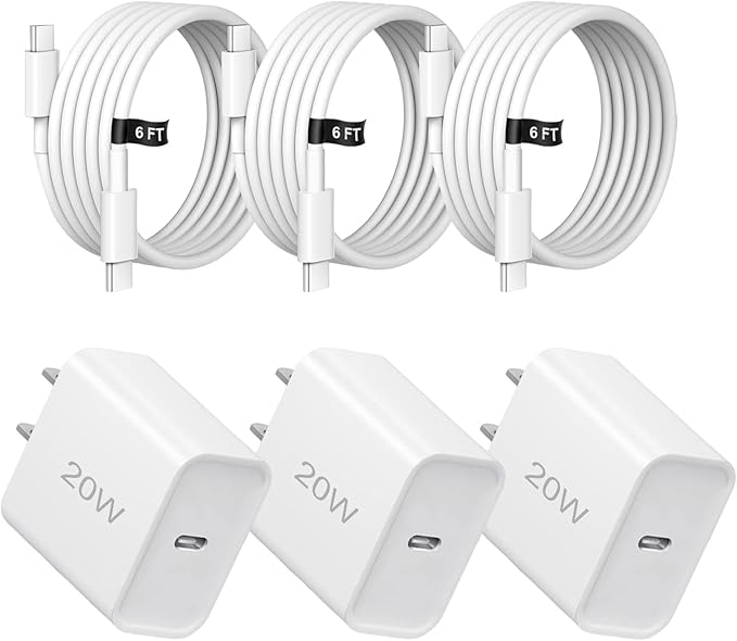 20W Fast Charger,3 Pack USB-C Port Charger with Type c-c Cable，for i Phone 17/16/15, i Pad and More (3 Pack White)