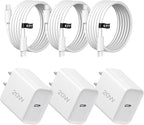 20W Fast Charger,3 Pack USB-C Port Charger with Type c-c Cable，for i Phone 17/16/15, i Pad and More (3 Pack White)