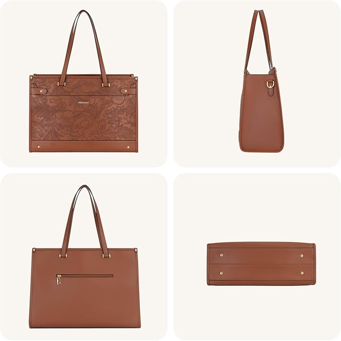 MOSISO Laptop Tote Bag for Women, 15.6 inch Large Capacity Vintage Leather Work Bag with Clutch Purse, Front Embossed Retro Hibiscus Shoulder Computer Bags Work Briefcase for Office Casual, Brown
