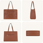 MOSISO Laptop Tote Bag for Women, 15.6 inch Large Capacity Vintage Leather Work Bag with Clutch Purse, Front Embossed Retro Hibiscus Shoulder Computer Bags Work Briefcase for Office Casual, Brown
