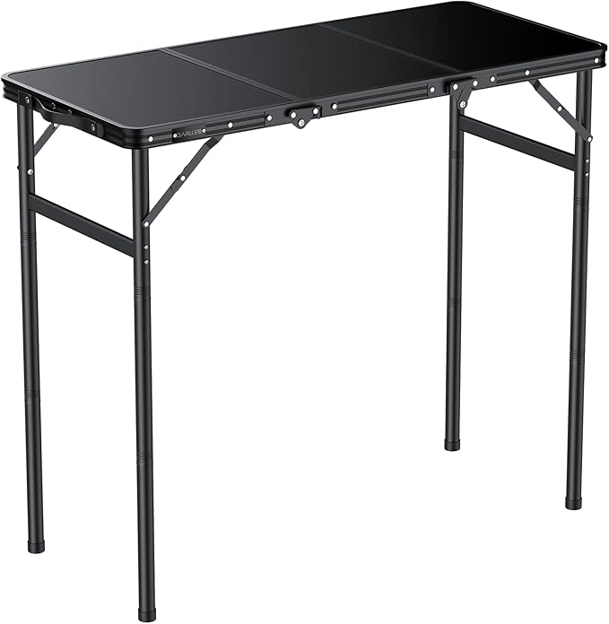 GARLLEN Folding Camping Table, 3 Adjustable Height Lightweight Folding Picnic Table, Aluminum Portable Foldable Outdoor Table for Grill, Camping, Grill, Threaded Install, 35.4" L x 15.7" W, Black