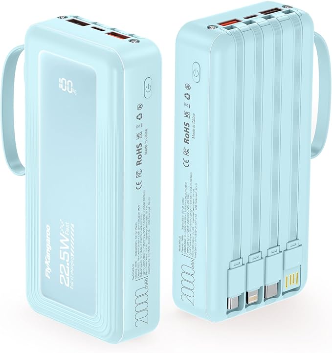 Portable Charger with Built in Cables, Slim 20000mAh Fast Charging 22.5W Power Bank USB C LED Display Battery Pack 6 Outputs & 2 Inputs for iPhone Samsung Pixel LG Moto iPad